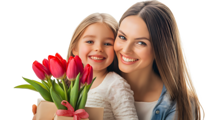 The woman is holding a gift box, and the girl is smiling