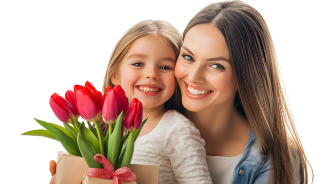 The woman is holding a gift box, and the girl is smiling