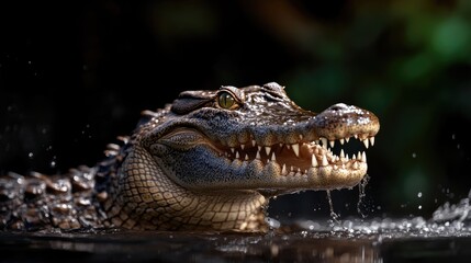 Obraz premium Close-Up Portrait of Alligator Emerging from Dark Water Surface