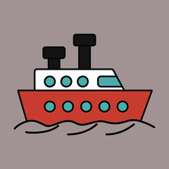 Cartoon Ship Vector Illustration with Simple Design, Cute Steamboat Graphic with Sea Waves