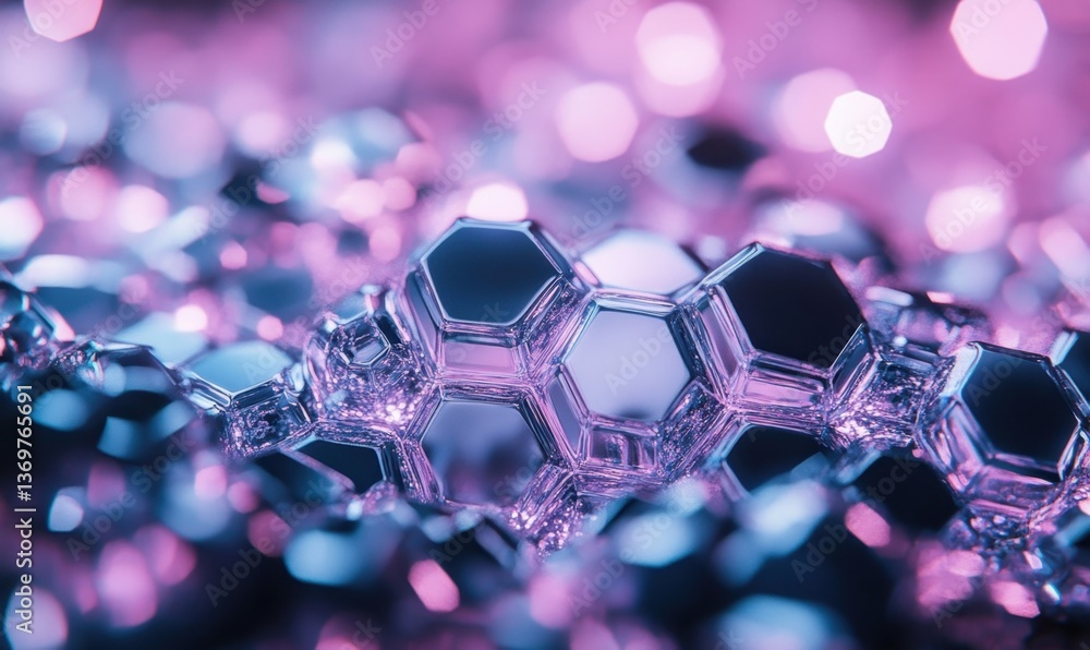 Poster abstract hexagonal shapes with pink and blue bokeh background for design