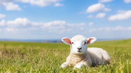 Obraz premium Adorable Lamb Relaxing on Green Grass Under Bright Blue Sky