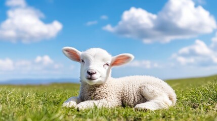 Fototapeta premium Adorable White Lamb Lying on Green Grass Under Blue Sky with Clouds