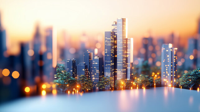 A vibrant city skyline at dusk, featuring modern skyscrapers illuminated by warm lights against a soft gradient sky