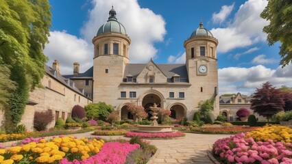 Naklejka premium Historic stone building with a large central arch and prominent clock tower,