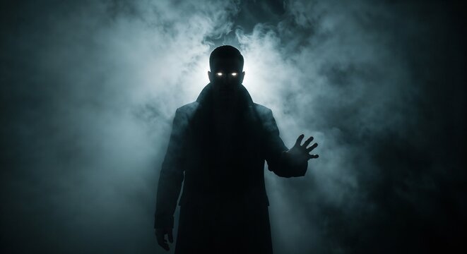 Mysterious figure reaching out in dark foggy ambiance  
