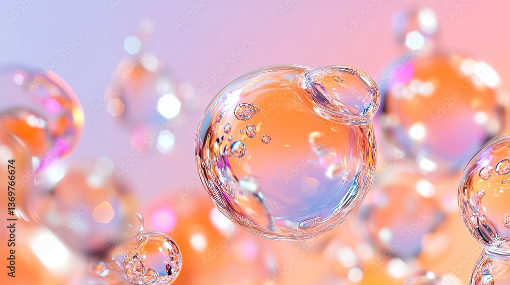 Poster colorful soap bubbles floating against a soft gradient background