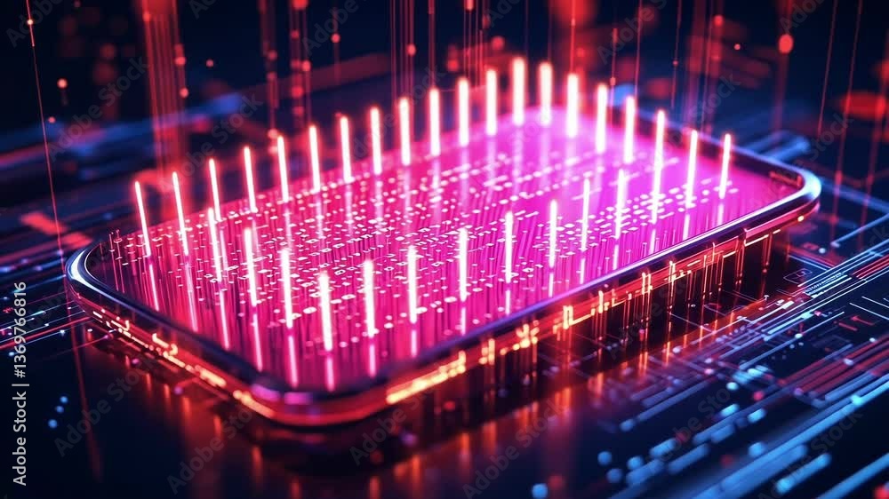 Poster data stream flowing into smartphone placed on circuit board, symbolizing cyber security, data encryp