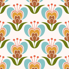 Retro floral pattern with repeating flower motifs. Ideal for textiles, wallpaper, packaging, and digital designs.	