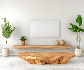 Modern living room with wooden furniture and potted plants