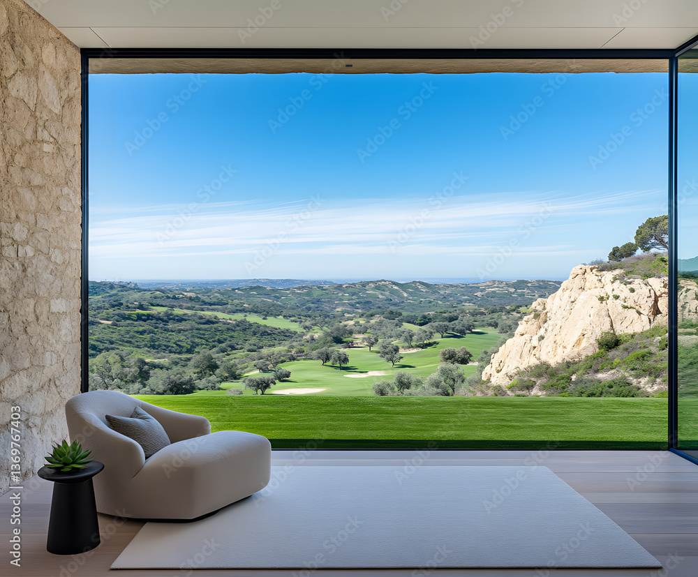 Poster modern interior with panoramic landscape view through large window