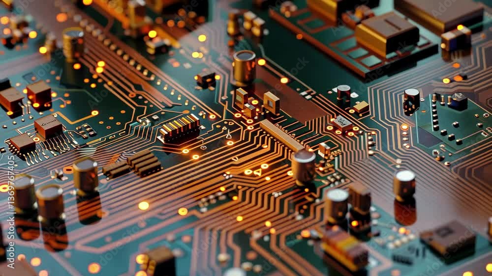 Poster detailed examination of an electronic circuit board illuminated by small lights, highlighting the co