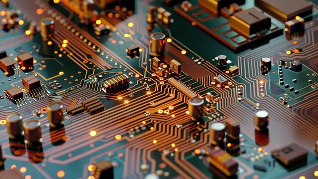 Detailed examination of an electronic circuit board illuminated by small lights, highlighting the complexity of its design and connection pathways during night hours.