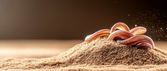 Earthworms rest on a mound of rich soil, showcasing their vital role in improving soil structure and aiding nutrient cycling, essential for organic farming