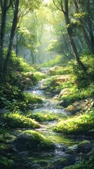 Lush Natural Background with Vibrant Forest and Gentle Stream