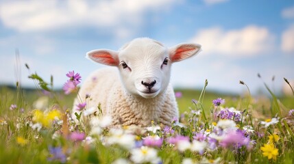 Fototapeta premium Adorable Young Lamb Grazing Amidst Colorful Wildflowers in Field