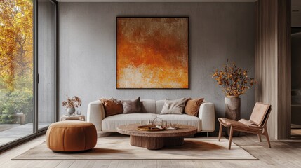 Modern Autumn Living Room Interior, Glass Doors, Art