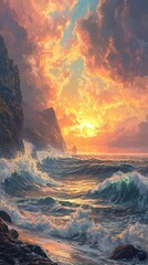 Fototapeta premium Majestic Coastal View with Towering Cliffs and Crashing Waves at Sunset