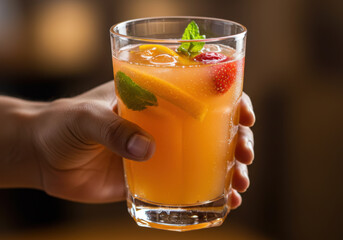 Hand holding a chilled glass of orange juice cocktail garnished with fruits and mint.