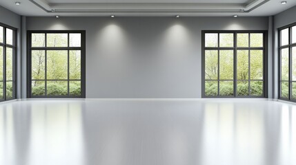 A modern gray room features expansive windows with a lush view