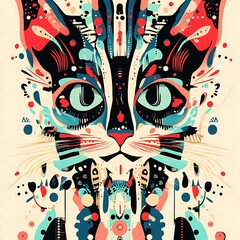 Colorful abstract cat portrait, whimsical art, cream background, home decor
