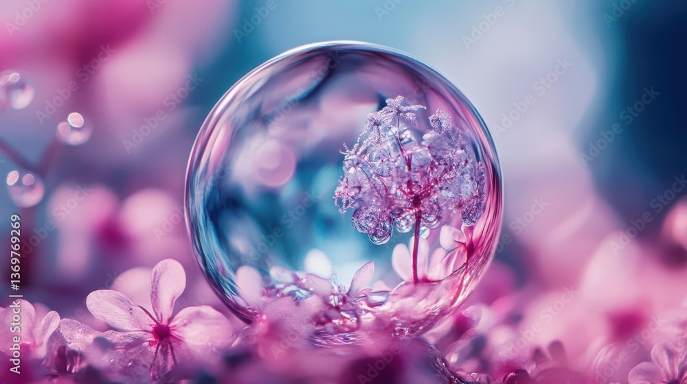 Poster a captivating macro image showing a beautiful flower within a bubble
