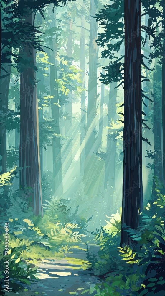 Poster misty forest with soft light filtering through trees in nature
