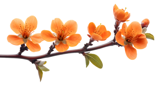 A branch with four orange flowers on it