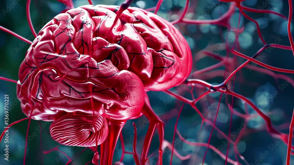 Poster this artwork showcases a detailed brain with vibrant red neuron connections, emphasizing the intrica