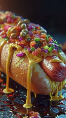 Close-up of a Detailed Hot Dog with Dripping Toppings and Sauce