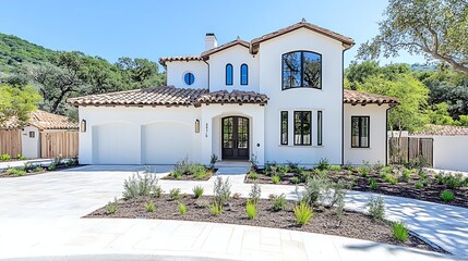 Fototapeta premium Elegant Contemporary Home Design with Dreamy Architecture Surrounded by Lush Vegetation