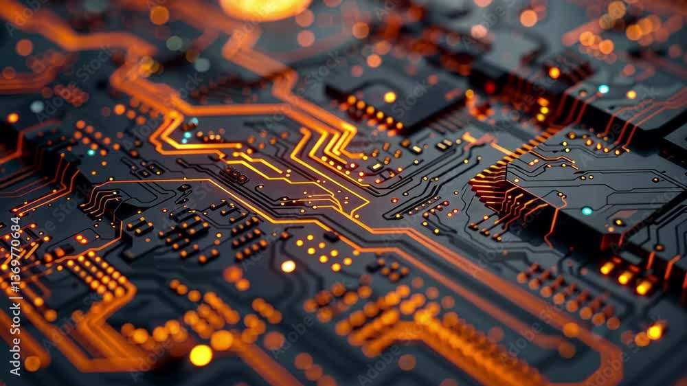 Poster a detailed view reveals glowing circuitry on a dark circuit board, showcasing intricate patterns and
