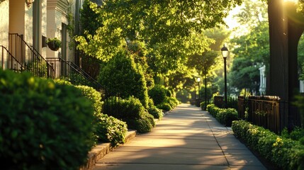 Obraz premium Serene Pathway Through Lush Greenery in Early Morning Light