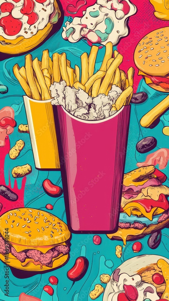 Poster playful animated junk food characters set against colorful background