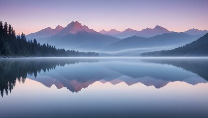Fototapeta premium A breathtaking landscape photograph captures a serene lake at dawn or dusk, reflecting the soft hues of the sky
