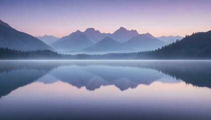 Fototapeta premium A breathtaking landscape photograph captures a serene lake at dawn or dusk, reflecting the soft hues of the sky