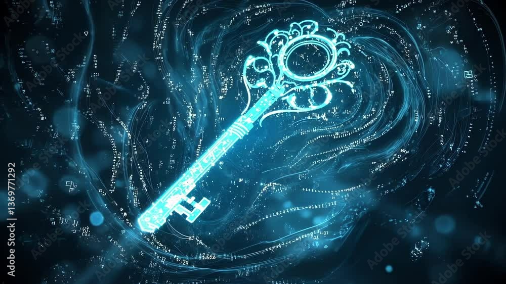 Aufkleber luminous key materializes amidst a swirling stream of digital data, representing the concept of cybe