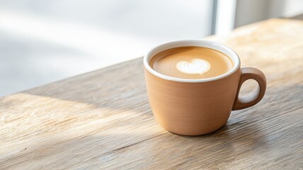 Fototapeta premium A cozy cup of latte art on a wooden table, perfect for coffee lovers.