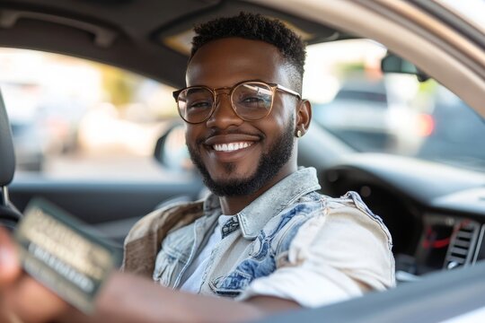 Happy young african man showing his driver's license from open car window