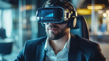Man in a suit wearing a VR headset with business analytics on the screen.