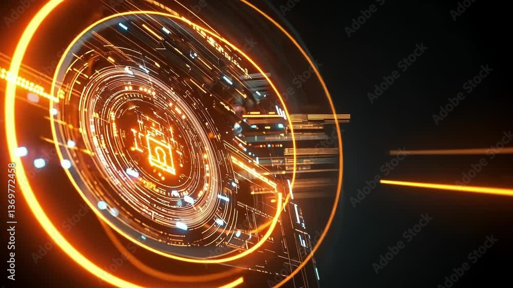 Poster orange glowing padlock icon rotating on dark digital display with data processing in background, ens