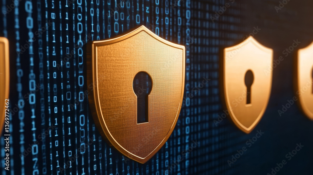 Poster close up view of golden shield icons with keyholes, symbolizing security and protection against digi
