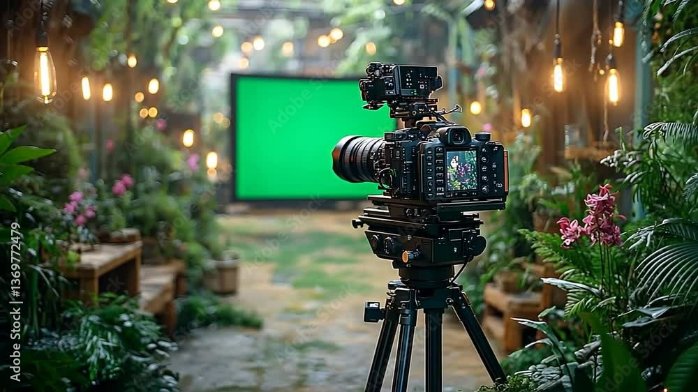 Poster camera on tripod in lush garden setting with green screen background