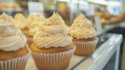  Cupcakes with Swirled Frosting on a Bakery Counter .