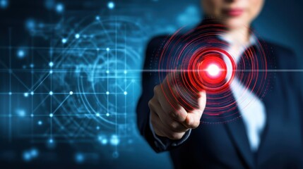 Woman touching a digital interface with high-tech network connections.