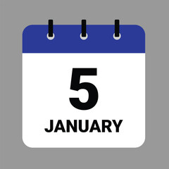 Vector illustration of a calendar icon showing dates and events. JAHUARY 5 Calendar Icon – Flat Design, Minimalist Date Illustration