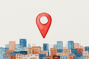 Red Location Pin on Urban Cityscape Watercolor Background
