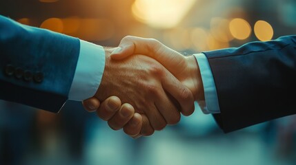 Two businessmen clasping hands, symbolizing business agreement and collaboration.