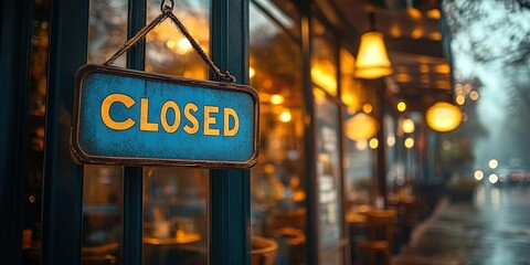 A "Closed" sign hanging on the glass door of a coffee shop, blue sign with yellow text, slightly worn, blurred interior with warm lights on wooden tables