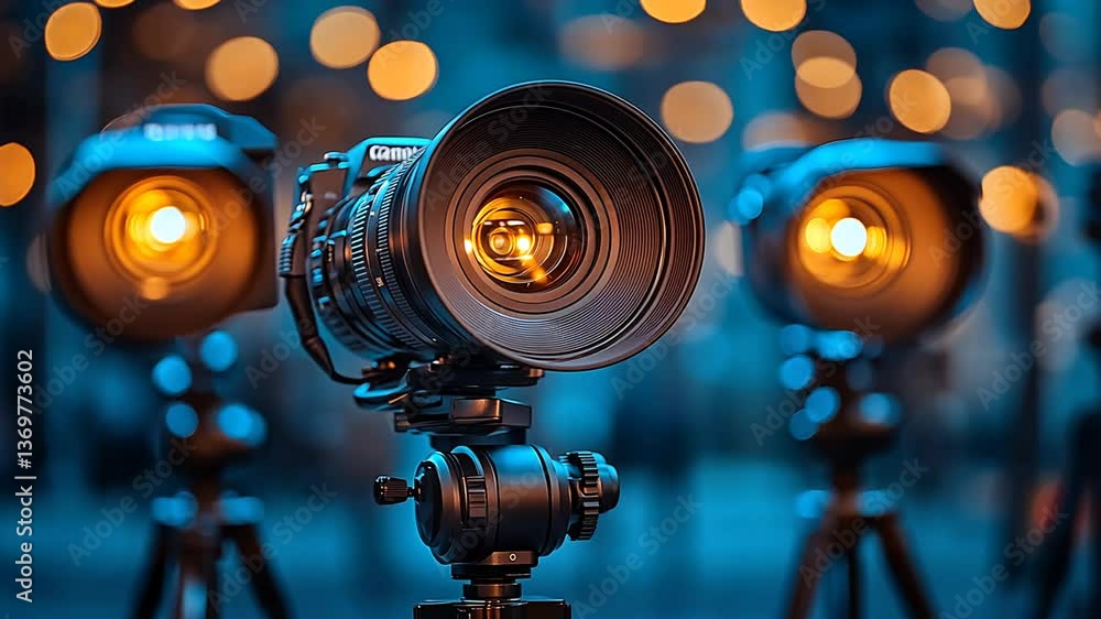 Poster camera on tripod with blue lighting and bokeh background